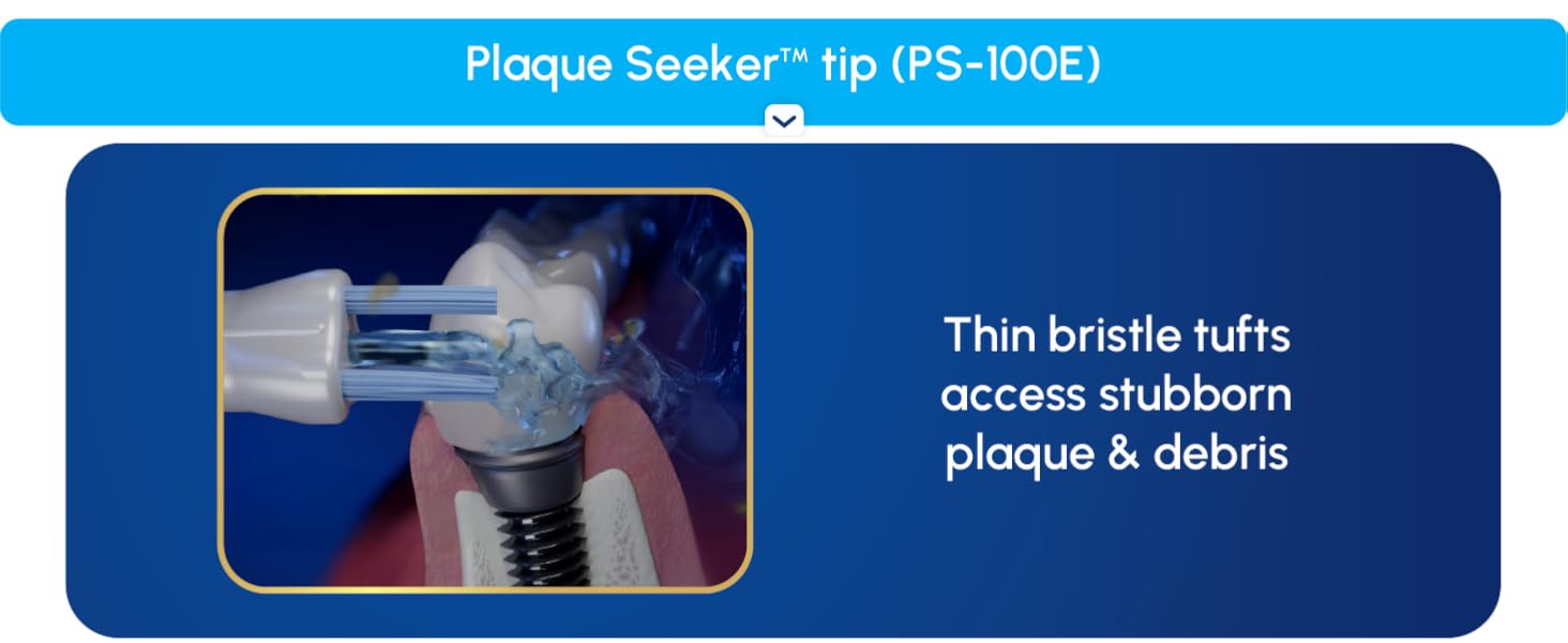 Image of Plaque Seeker floss tip with text reading thin bristle tufts access stubborn plaque.