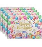 Wnoesat Happy Birthday Placemats Set of 4 Colorful Balloons Confetti Cake Linen Table Mats 12x18 ...