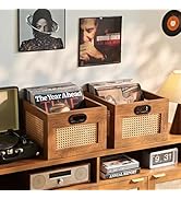 LELELINKY 2 Pack Vinyl Record Storage Crates, Rattan Vinyl Record Holder with Handle, TeaC Record...