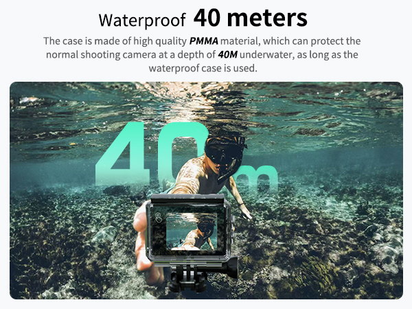 Underwater camera demonstration showing waterproof protection up to 40 meters, featuring PMMA material case with text overlay in turquoise against coral reef background.