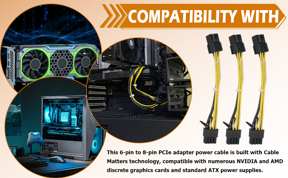 3-Pack 6-Pin to 8-Pin PCIe Express Power Adapter Cable