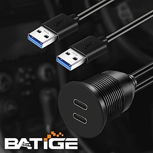 BATIGE Dual Port USB 3.0 Male to 2 Ports Type C 3.0 Female Car Flush Mount Cable 3