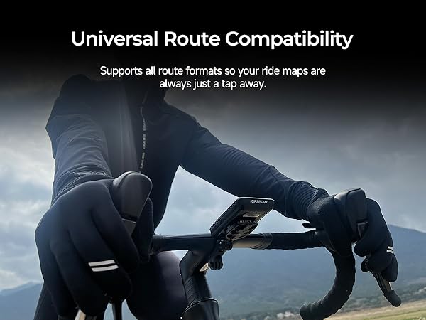 Cyclist using handlebar-mounted device displaying navigation interface, with text overlay about universal route compatibility.