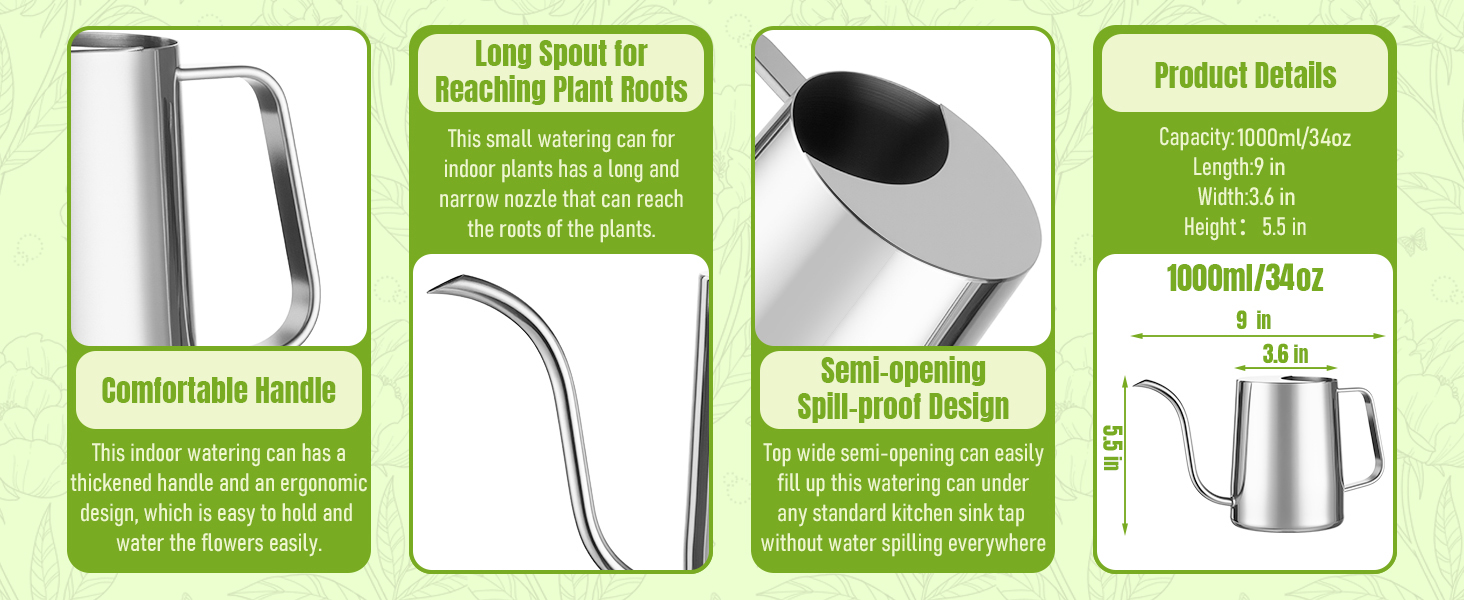34oz/1000ml Watering Can Indoor Plants with Long Spout, Plant Watering Can for Ergonomic Handle