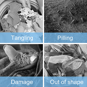 Four-panel image showing fabric issues: tangling, pilling, damage, and loss of shape. Each panel illustrates a different problem with clothing.