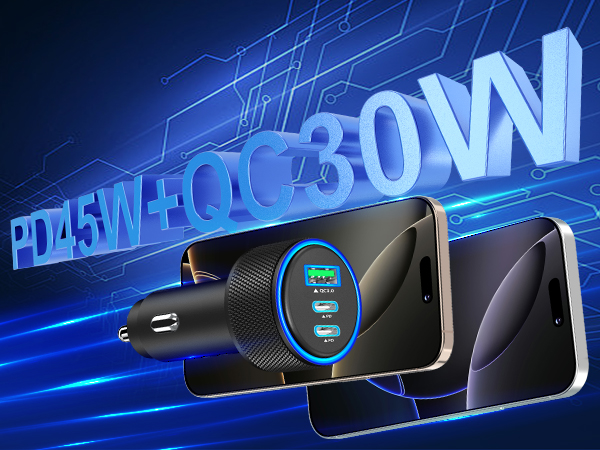 3-Port 67W USB C Car Charger Dual PD USB-C + USB-A Car Power Cigarette Lighter PD/QC Car Charger