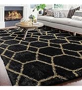 ONASAR Geometric Fluffy Area Rug for Living Room Bedroom, 6x9 Black and Gold Rug, Modern Shag Plu...
