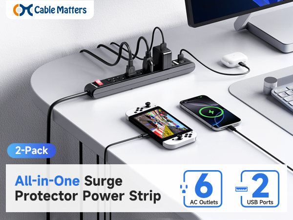 Cable Matters 6-outlet surge protector with USB ports, black, 8ft cord, ETL listed, 2-pack.
