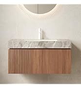 USHOWER 36" Floating Bathroom Vanity with Sink, Wall Mounted Vanity Cabinet with Gray Sintered St...