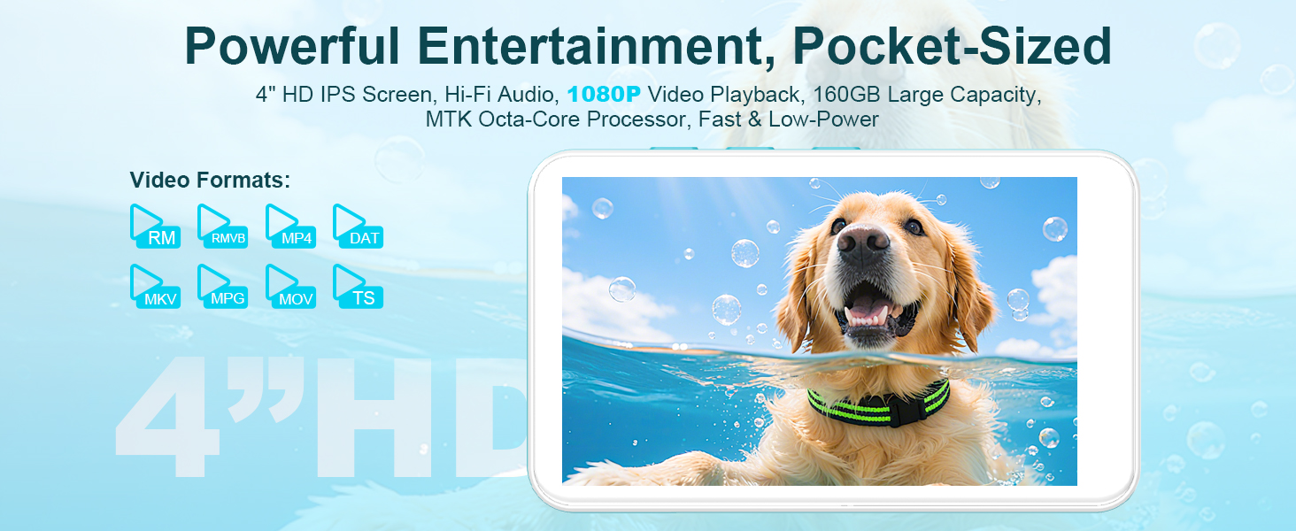 Text reads 'Powerful Entertainment, Pocket-Sized'. Marketing banner showing mobile device interface with video format icons and outdoor scene.