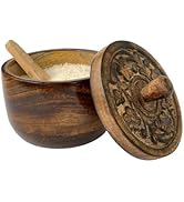 Rustic Salt Box Cellar with Hand Carved Lid &amp; Spoon, Wooden Salt Pinch Bowls | Wood Salt Keeper, ...