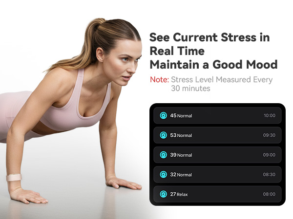 Text reads 'See Current Stress in Real Time' and 'Maintain a Good Mood'. Mobile app interface screenshots showing wellness tracking features and graphs.