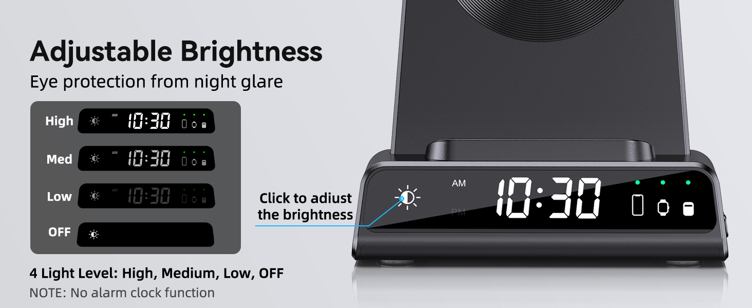 Text reads 'Adjustable Brightness', 'Click to adjust the brightness', '4 Light Levels: High, Medium, Low, Off', 'Eye protection from night glare', 'NOTE: No alarm clock function'. Digital clock display interface showing brightness adjustment options.