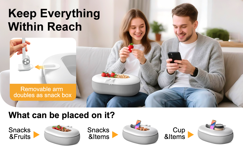 Keep Everything Within Reach Removable arm doubles as snack box Snacks Fruits ltems Cup ltems