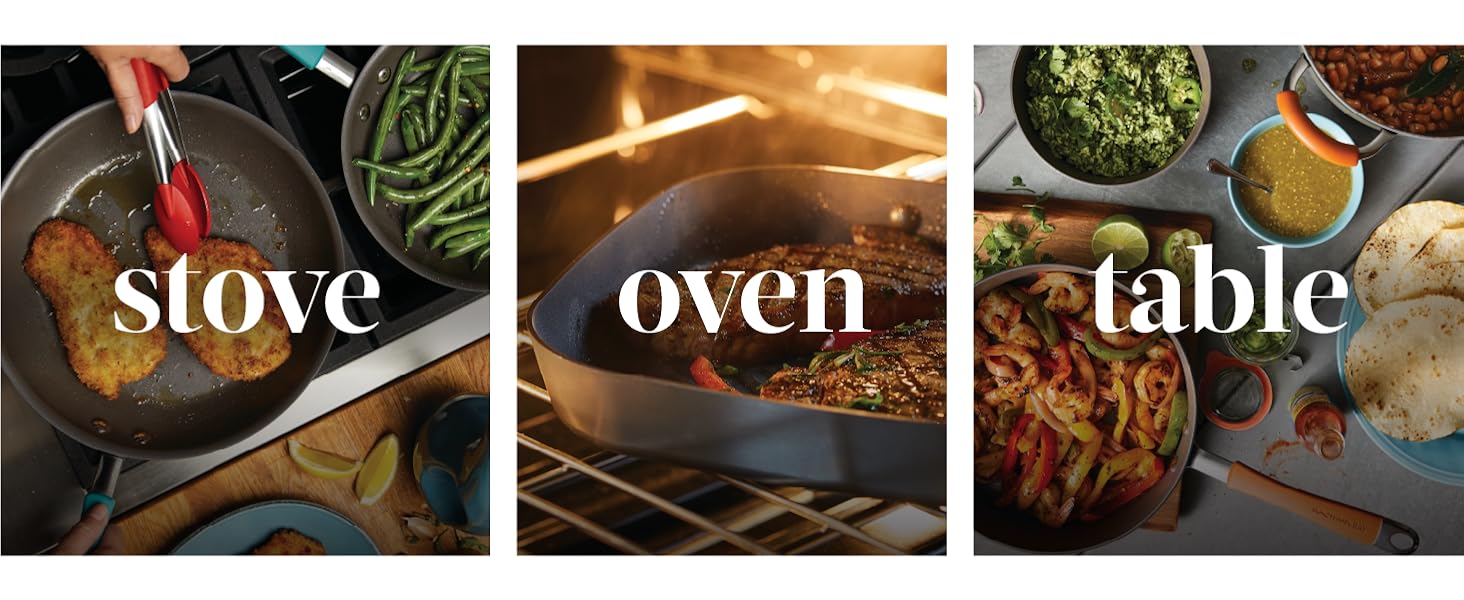 chicken on stove, steak on grill pan, fajitas on table