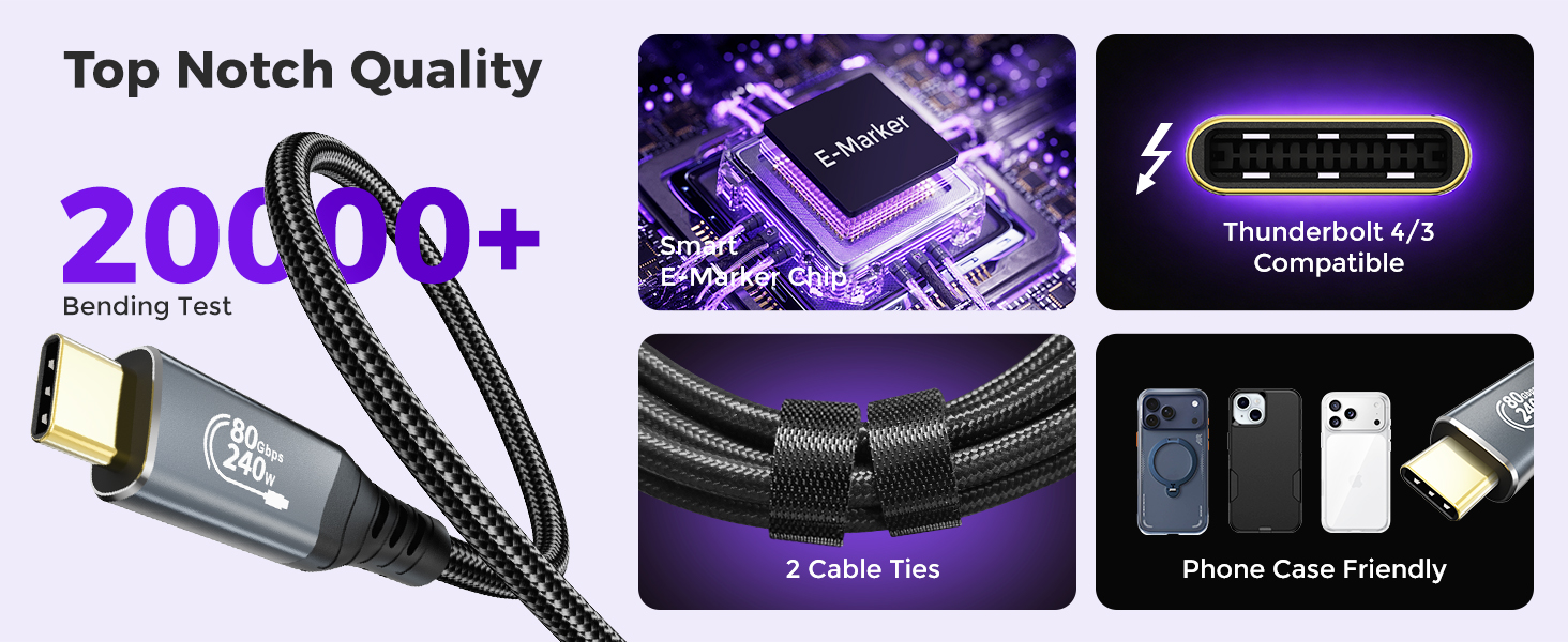 240W 6.6FT USB C Cable 80Gbps USB4 Data Cable