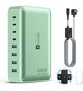 8-Port USB C Fast Charger Block 200W with Flat Plug, Braided Power Cord, and On/Off Switch- USB C...