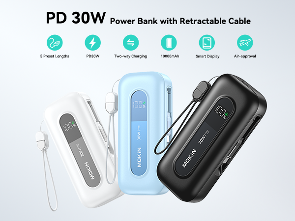  Portable Power Bank with Retractable USB C Cables
