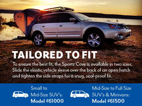 Napier Sportz Cove SUV awning tent in two sizes to fit all CUVs, SUVs, and minivans for car camping