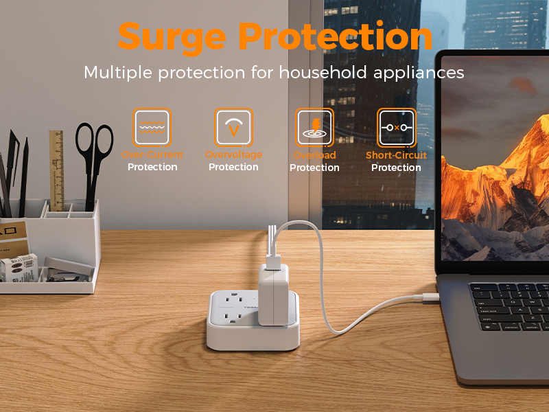 Ultra Thin Flat Extension Cord 5 FT, TESSAN Slim Power Strip with USB Ports