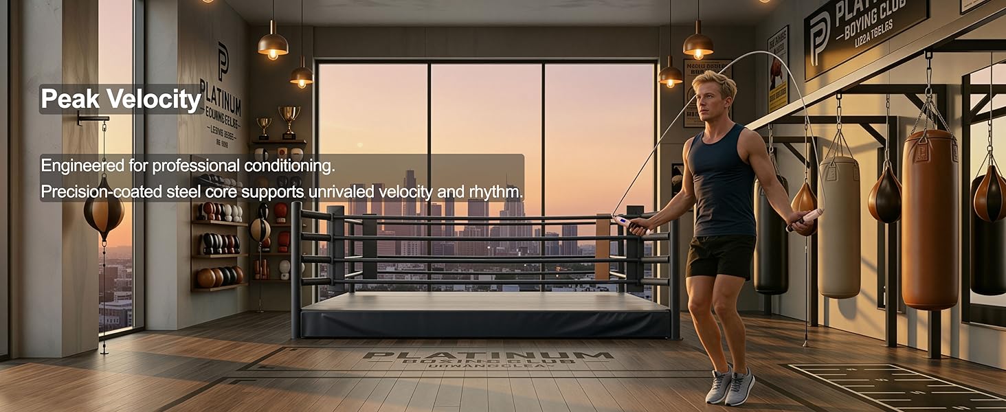 Pro boxer performing high-speed footwork drills with steel speed rope and 2026 Pro smart handles.