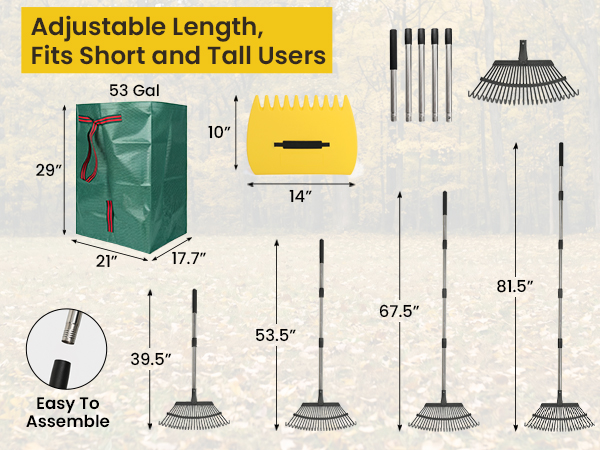 Adjustable Leaf Rake and Large Capacity Garden Leaf Bag