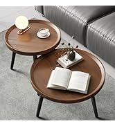 2 PCS Walnut Round Coffee Table, Small Nesting Coffee Table, Mid Century Modern Coffee Table, Eas...
