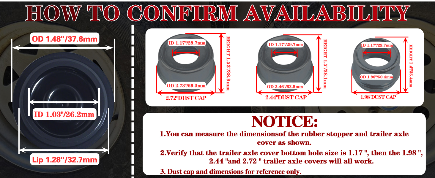 Trailer Grease Dust Cap Rubber Plugs size chart