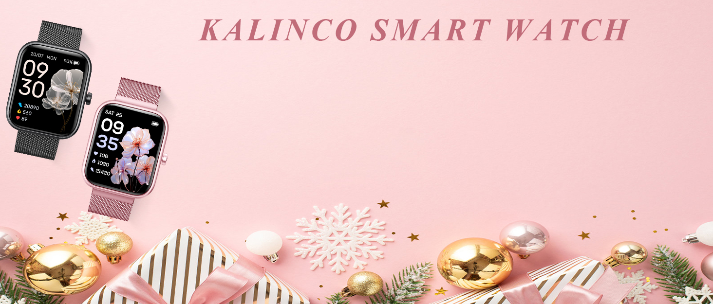 Text reads 'KALINCO SMART WATCH'. Two smartwatches displayed on pink background with decorative gold elements and snowflake patterns.