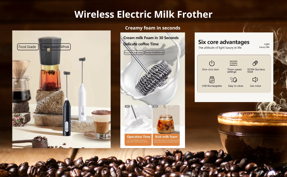 Rechargeable Milk Frother Handheld, Electric Drink Mixer, USB-C, Stainless Steel Whisk, Foam Maker