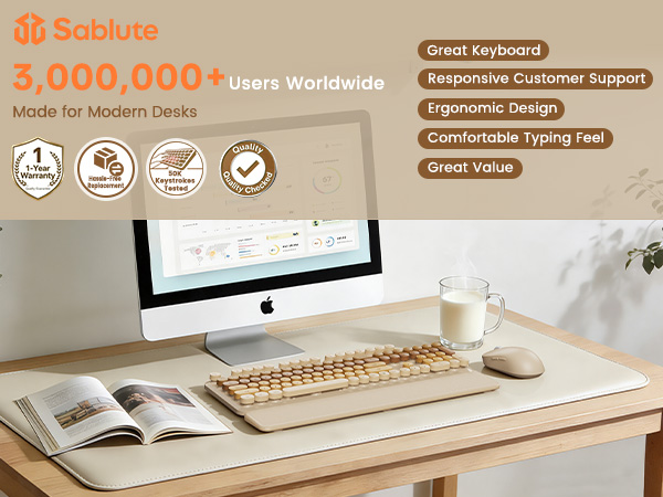 Beige wireless keyboard mouse combo with wrist rest on modern desk setup comfortable typing feel