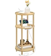 HOOBRO Small Round Side Table with Charging Station, 3-Tier Round Bamboo End Table, Compact Sofa ...
