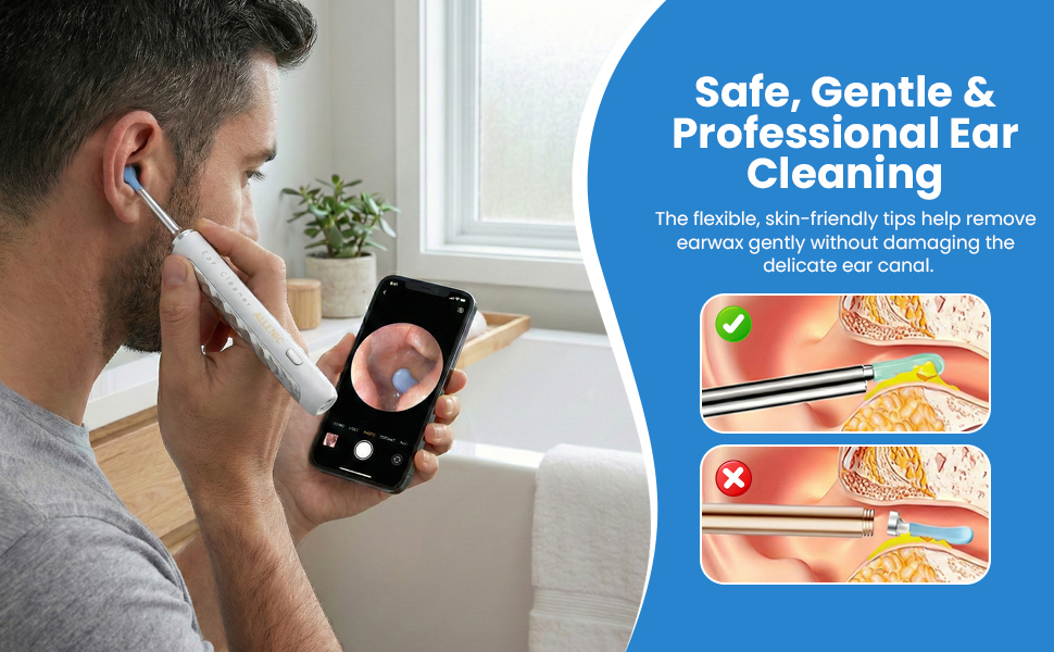 Man using 1080P HD ear wax removal camera with LED light and silicone tip
