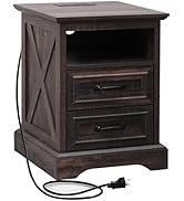 ALBAD Farmhouse Nightstand with Charging Station Rustic Bedside Table with 2 Drawers and Cubby St...