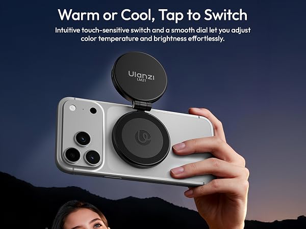 Text reads: 'Warm or Cool, Tap to Switch'. Shows smartphone case with circular temperature control interface in nighttime setting.