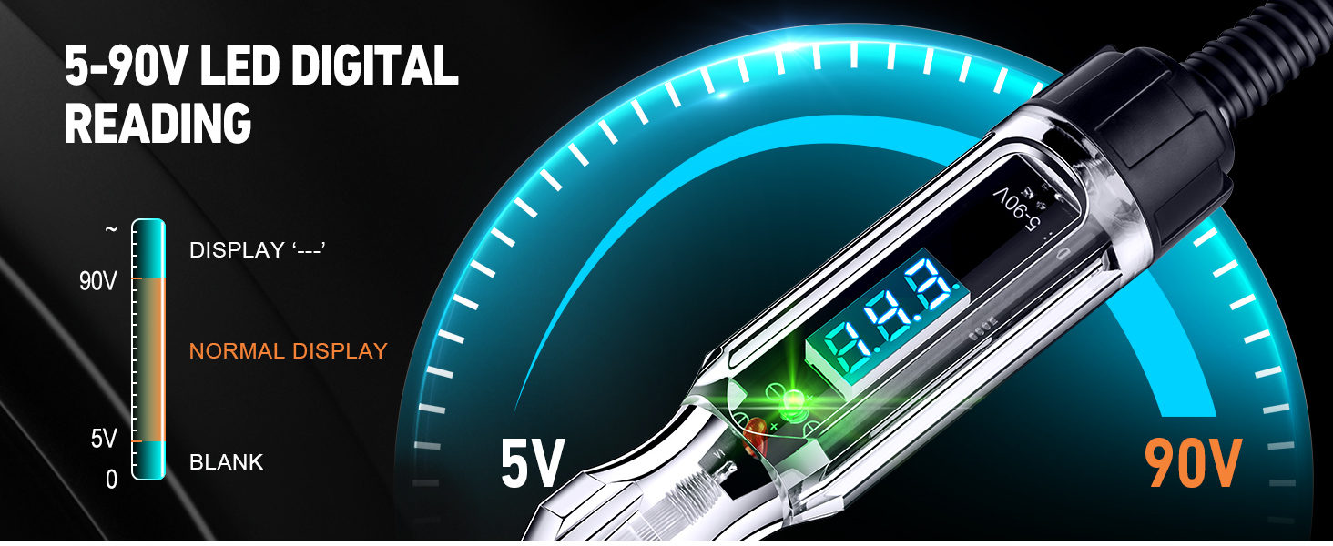 Automotive Test Light, 5-90V Digital LED Electrical Tester, Circuit Tester, Voltage Tester Pen