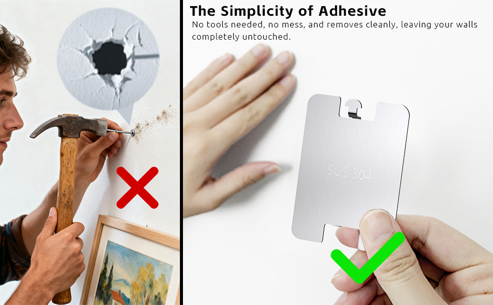 Text reads 'The Simplicity of Adhesive'. Instructional sequence showing correct and incorrect adhesive application methods, marked with green check and red X symbols.