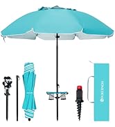 HOMEDEMO 7FT Beach Umbrella with Table &amp; Anchor, Heavy Duty Windproof with UPF 50+ Sun Protection...