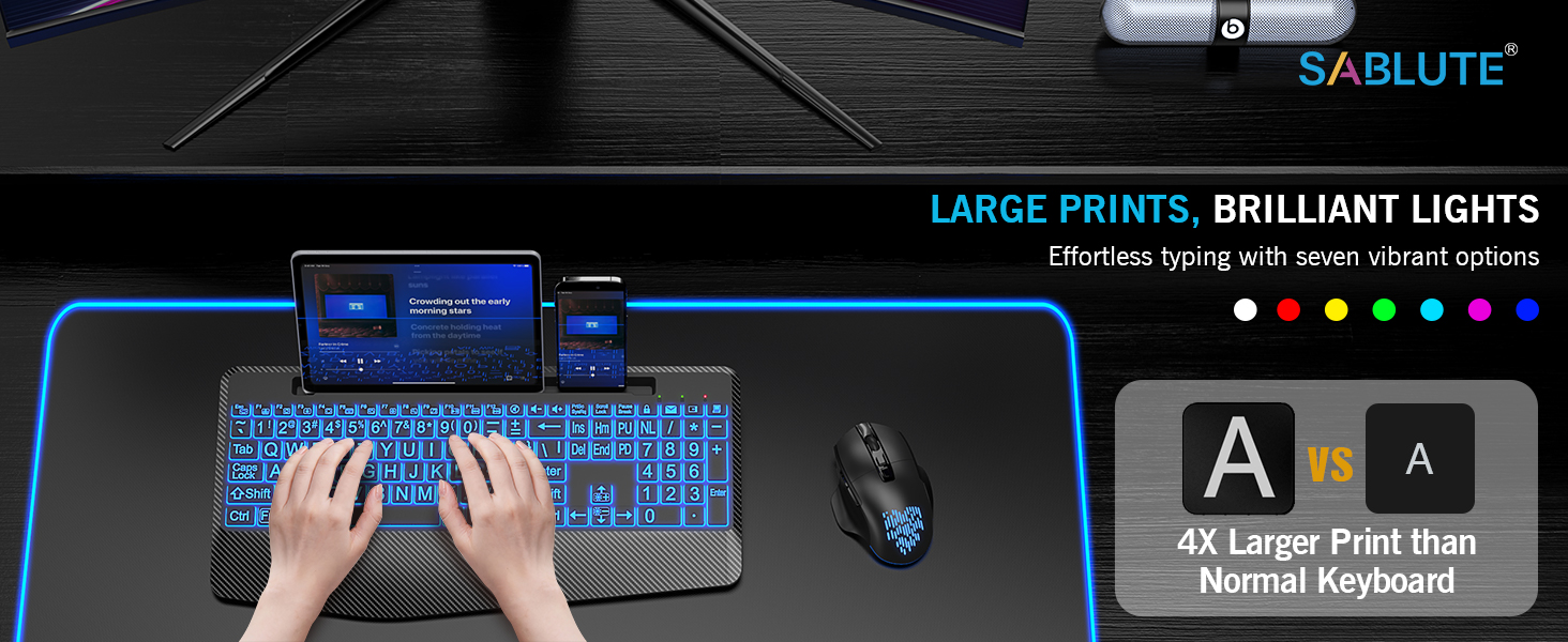 large print full-size ergonomic wireless keyboard and mouse 