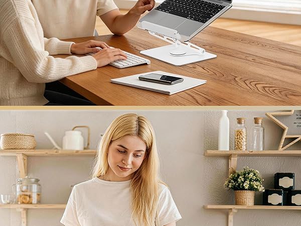 Split image showing hands typing on laptop with white charging pad on wooden desk in top panel, and workspace setting with shelving in bottom panel.