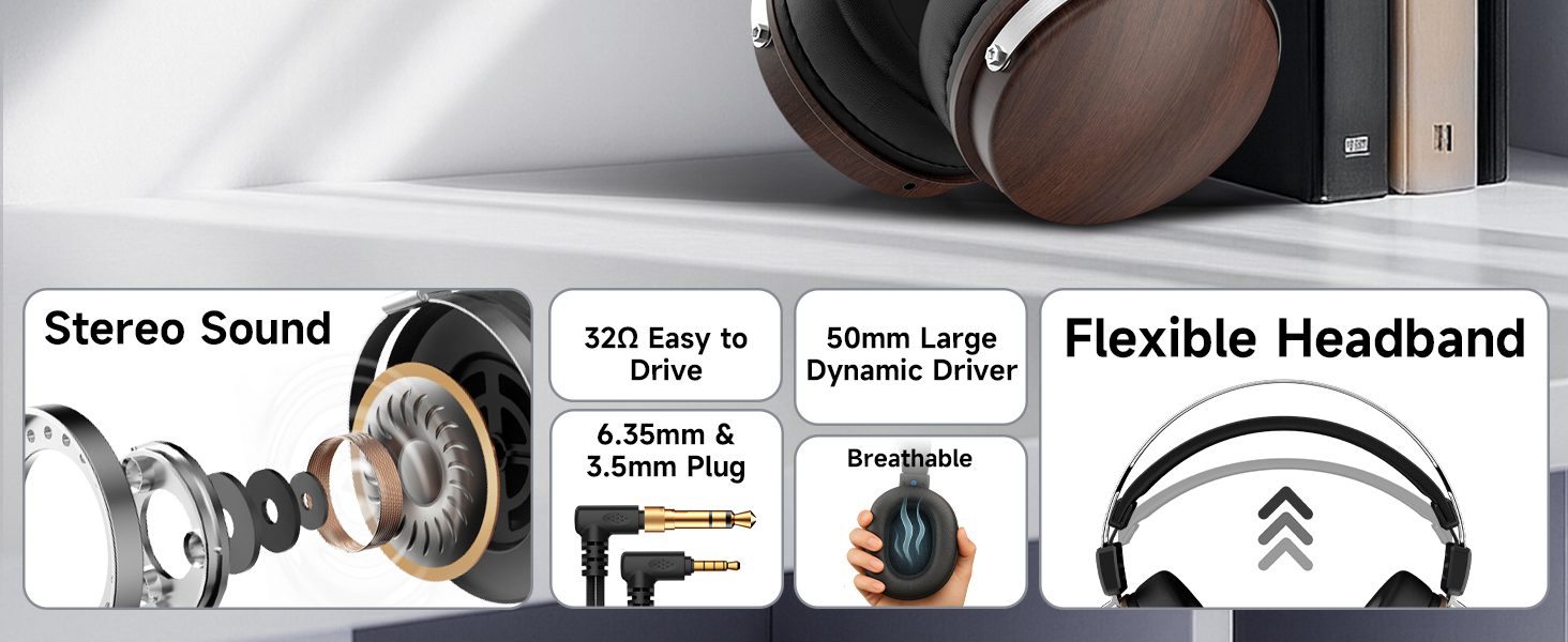 wired over ear headphones with 50mm dynamic drivers, 32 ohm impedance for easy drive