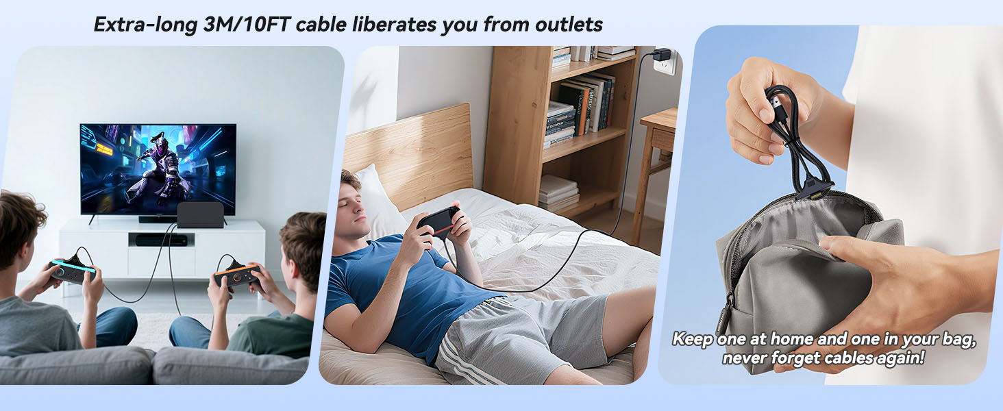 Extra-long 3M/10FT cable liberates you from outlets
