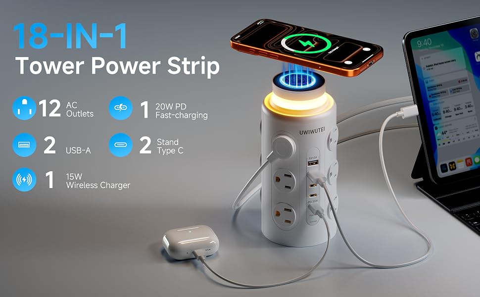 Tower Power Strip Surge Protector with Wireless Charging &amp;amp;amp;amp; Night Light