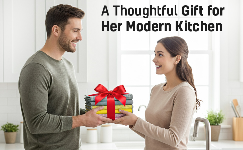 Man gifting kitchen cleaning cloth set with red ribbon to woman.
