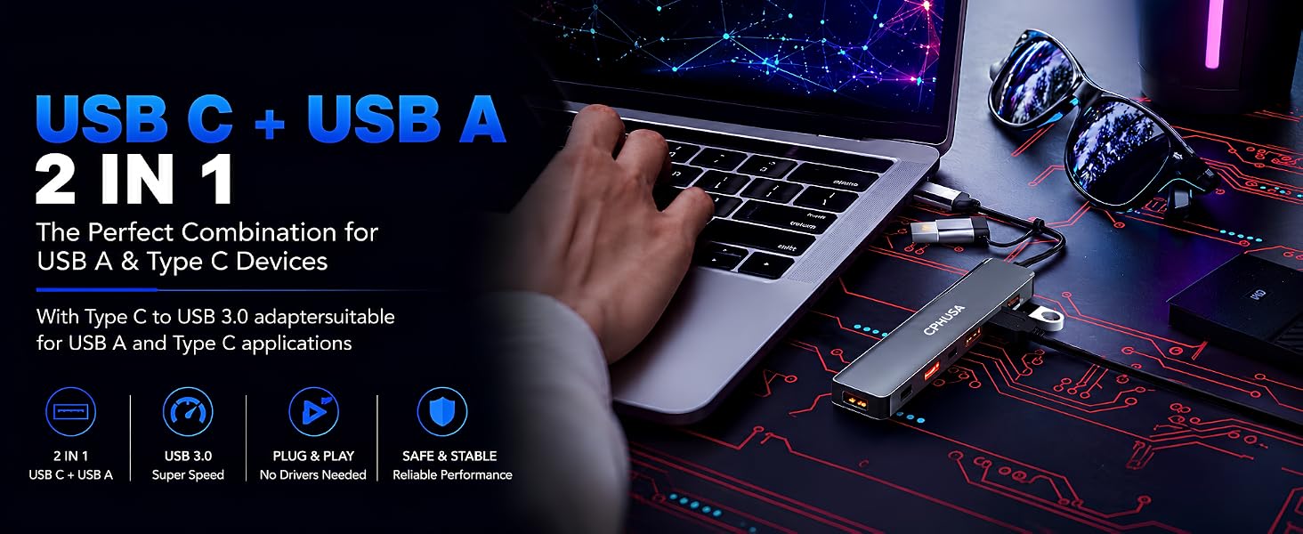 CPHUSA 2-in-1 USB-C and USB-A adapter for laptops and devices.