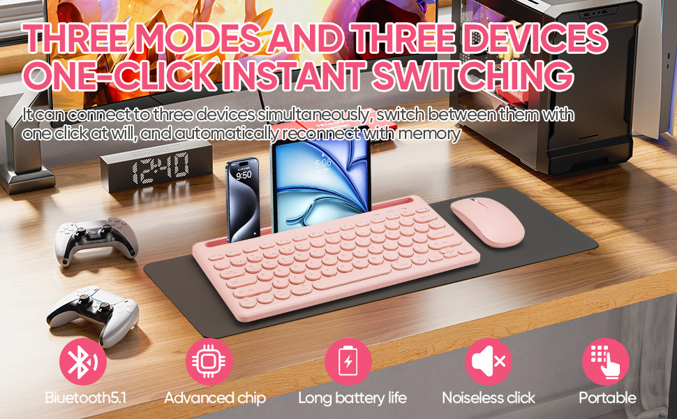 Wireless Keyboard and Mouse Combo with Phone Tablet Holder,