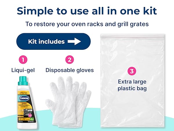 Carbona oven rack cleaning kit with liquid solution, gloves, and bag for easy at-home cleaning