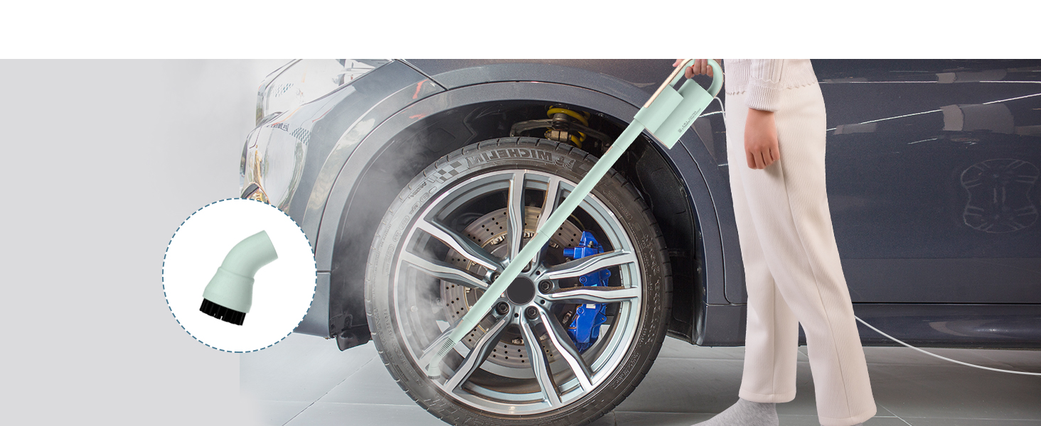 Car tire maintenance tool showing a long inspection device being used to examine a vehicle's wheel.