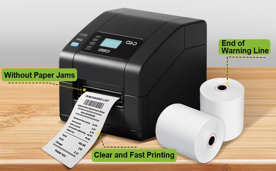 Text reads 'End of Warning Line', 'Without Paper Jams', 'Clear and Fast Printing'. Black thermal printer shown with paper rolls and printed labels on wooden surface.