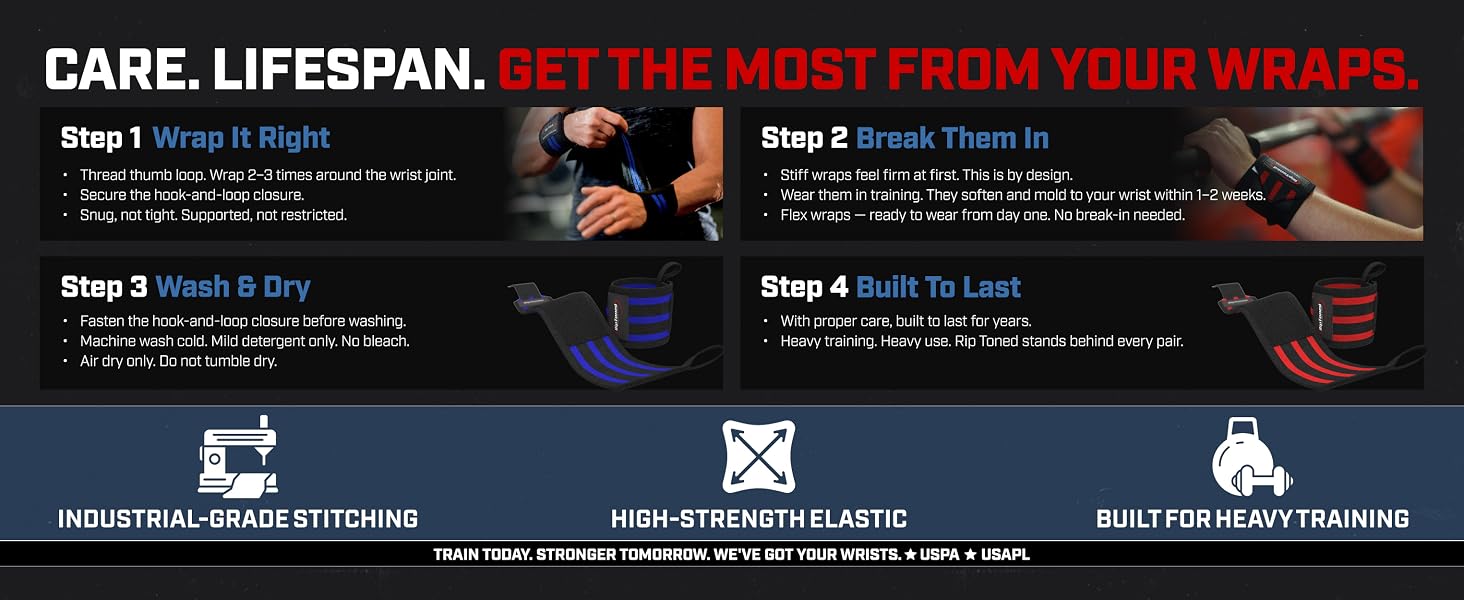 Rip Toned wrist wraps care guide - wash, break in stiff wraps, industrial-grade stitching quality